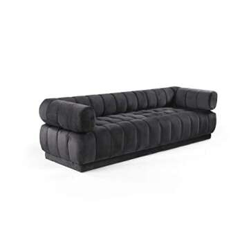 Iconic Home Quebec Sofa Velvet Upholstered Vertical Channel-Quilted Shelter Arm Tufted Design Modern Contemporary, Black