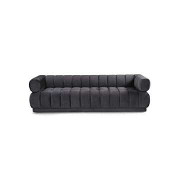 Iconic Home Quebec Sofa Velvet Upholstered Vertical Channel-Quilted Shelter Arm Tufted Design Modern Contemporary, Black