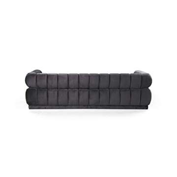 Iconic Home Quebec Sofa Velvet Upholstered Vertical Channel-Quilted Shelter Arm Tufted Design Modern Contemporary, Black