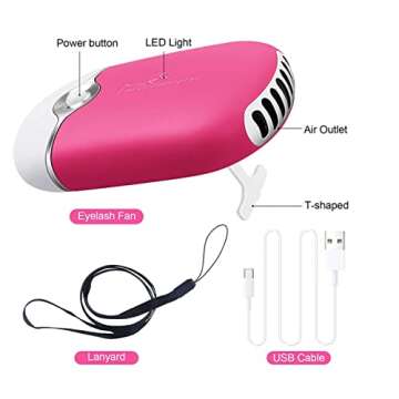 Eyelash Fan Dyer with 2 Pcs Lash Tweezers,USB Mini Portable Fan Rechargeable Air Conditioning Blower with Straight and Curved Tip Tweezers for Eyelash Extension Girls Women(Rose Red)