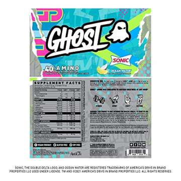 GHOST Amino: Essential Amino Acid Supplement, Sonic Ocean Water - 40 Servings - Intra-Workout Powder for Hydration and Recovery 4.5g BCAA & 5.5g EAA - Soy & Gluten-Free, Vegan