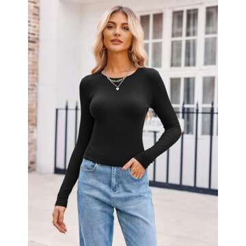 Zeagoo Womens Scoop Neck Long Sleeve Top Basic Fall Crop Tops Fall Fashion Layering Slim Fitted Y2k Tops Black