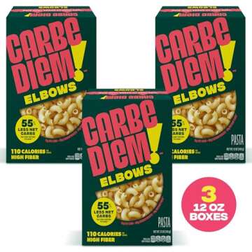 Carbe Diem!, Elbows, Lower Net Carb Pasta with Traditional Flavor & Texture, 55% Fewer Net Carbs & Only 110 Calories Per Serving, Pack of 3