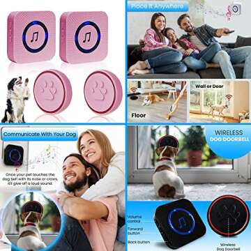 TRIBEPETSUSA Wireless Dog Doorbell - Doggie Ring Doorbell Potty Training - Dog Buttons for Communication 55 Ring Tones, 5 Volume Levels, 500ft Transmission Range Nose Paw Press Activated (Pink2)