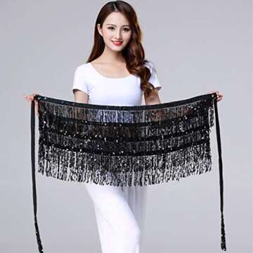 Women's Sequin Tassel Skirts Sparkly Rave Fringe Hip Scarf for Festival Costume(Black)