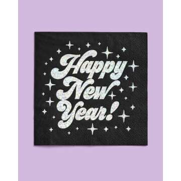 xo, Fetti Black Happy New Year Paper Napkins - Iridescent Foil | 3-ply, 50 pcs | NYE Party Decorations, 2025 Cocktail Napkins, Disposable Party Supplies, Disco Dinner Tablescape Decor