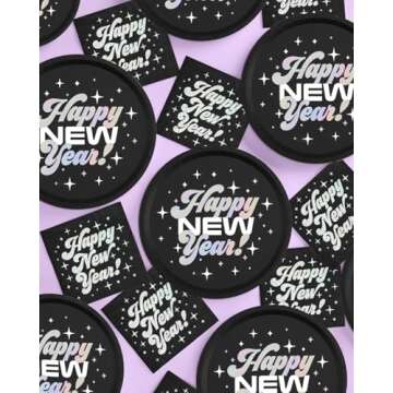 xo, Fetti Black Happy New Year Paper Napkins - Iridescent Foil | 3-ply, 50 pcs | NYE Party Decorations, 2025 Cocktail Napkins, Disposable Party Supplies, Disco Dinner Tablescape Decor