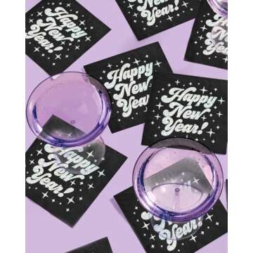 xo, Fetti Black Happy New Year Paper Napkins - Iridescent Foil | 3-ply, 50 pcs | NYE Party Decorations, 2025 Cocktail Napkins, Disposable Party Supplies, Disco Dinner Tablescape Decor