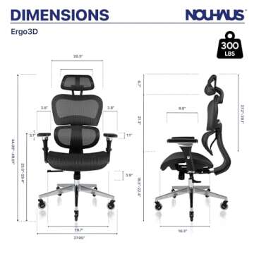 Nouhaus Ergo3D Ergonomic Office Chair Lumbar Support Mesh Office Chair with 4D Adjustable Armrest, Adjustable Headrest and Wheels, Mesh High Back Home Office Desk Chairs(Black)