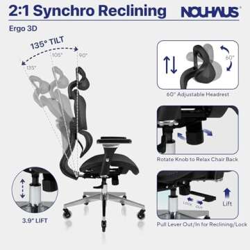 Nouhaus Ergo3D Ergonomic Office Chair Lumbar Support Mesh Office Chair with 4D Adjustable Armrest, Adjustable Headrest and Wheels, Mesh High Back Home Office Desk Chairs(Black)