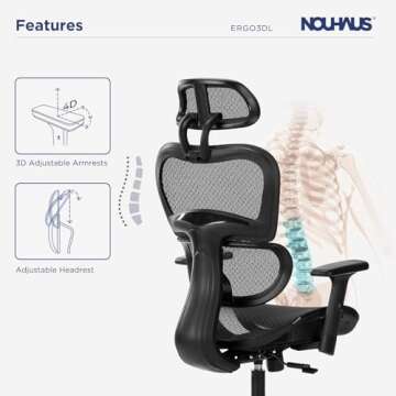 Nouhaus Ergo3D Ergonomic Office Chair Lumbar Support Mesh Office Chair with 4D Adjustable Armrest, Adjustable Headrest and Wheels, Mesh High Back Home Office Desk Chairs(Black)