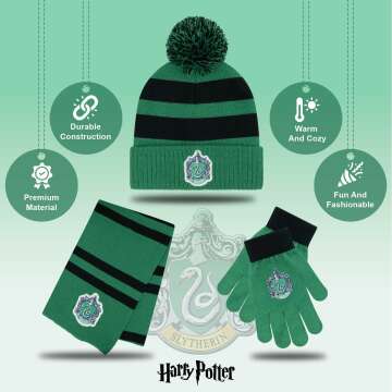 Harry Potter Winter Hat and Gloves with Set, Gryffindor, Slytherin, Hufflepuff, Ravenclaw, Winter Set 5-13 Year Olds