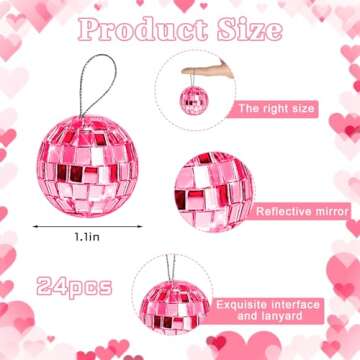 Newmemo Pink Disco Ball 24 Pcs Hanging Mirror Disco Balls Pink Mini Disco Balls Ornaments Reflective Mirror Ball Cake Decoration with Rope Christmas Tree Wedding Dance Music Festivals Decor