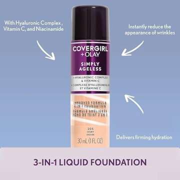 CoverGirl & Olay Simply Ageless 3-in-1 Liquid Foundation, Matte Finish, Hyaluronic & Vitamin C Formula, Cruelty Free, Golden Beige, 1 Count