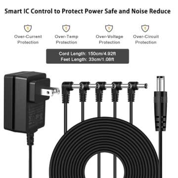 JOYO DC 9V 1.2A Guitar Pedal Power Supply with 5 Way Daisy Chain Cables, AC Wall Charger Power Adapter for Bass Guitar Effect Pedals (Tip Negative)