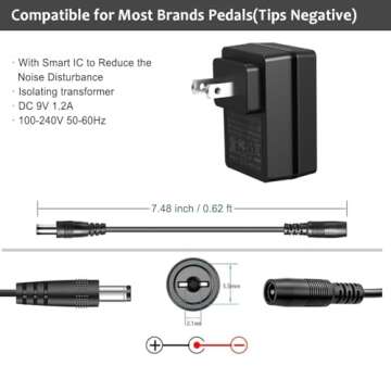 JOYO DC 9V 1.2A Guitar Pedal Power Supply with 5 Way Daisy Chain Cables, AC Wall Charger Power Adapter for Bass Guitar Effect Pedals (Tip Negative)