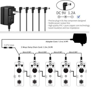 JOYO DC 9V 1.2A Guitar Pedal Power Supply with 5 Way Daisy Chain Cables, AC Wall Charger Power Adapter for Bass Guitar Effect Pedals (Tip Negative)