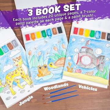 Imagination Works® Paint with Water Books for Kids, 3 Pack | Watercolor Coloring Book Set for Toddler Activities | Spillproof Kids Paint Palettes on Each Page (Jungle, Vehicles, Woodland)