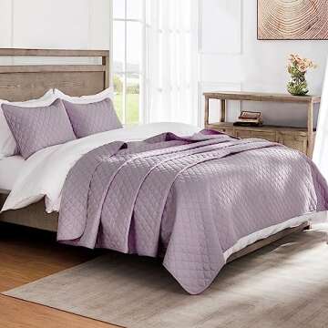 Exclusivo Mezcla Ultrasonic Reversible King Size Quilt Bedding Set with Pillow Shams, Lightweight Quilts King Size, Soft Bedspreads Bed Coverlets for All Seasons - (Lilac Ash, 104"x96")