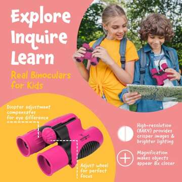 Think Peak - Binoculars for Kids Ages 4-8 - Outdoor Sports - Educational Adventure - 8x21 Compact - Nature Exploration Bird Watching - Pink