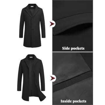 Men's Black Notched Collar Winter Wool Coat