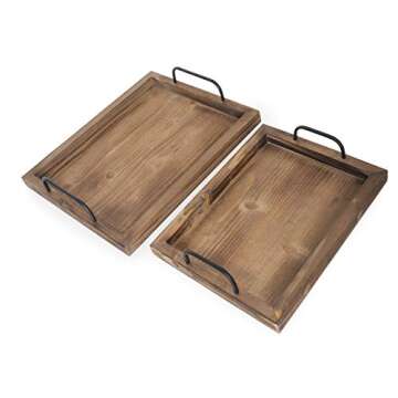 Besti Rustic Vintage Food Serving Trays (Set of 2) | Nesting Wooden Board with Metal Handles | Stylish Farmhouse Decor Serving Platters | Large: 15 x2 x11" - Small: 13 x2 x9" inches (Rustic Burnt)