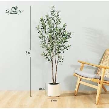 LOMANTO Artificial Olive Trees, 5 ft Tall Fake Olive Trees for Indoor, Faux Olive Silk Tree, Large Olive Plants with White Planter for Home Decor and Housewarming Gift, 1 Pack