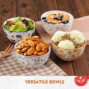 Small Bowls Ceramic Bowl Set - 12 oz Porcelain Rice Bowls Set - 4.5 inch Floral Patterned Dessert Bowls - 4 Colorful Cute Bowls for Ice Cream | Soup | Snack | Side Dishes - Microwave Dishwasher Safe