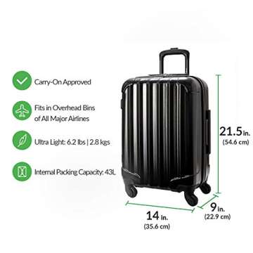 Genius Pack Hardside Luggage Spinner - Going Away Luggage, Lightweight Suitcase - TSA Approved Maximum Allowance Cabin Size (Carry On, Aerial - Jet Black)