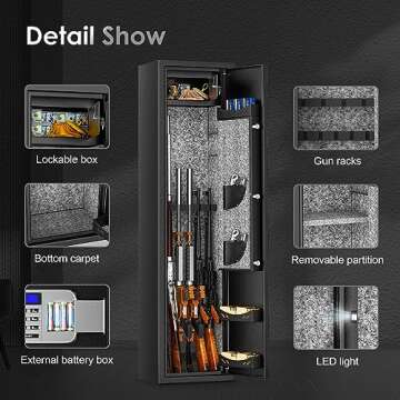 5-6 Rifle Gun Safe, Riddost Gun Safes for Home Rifle and Pistols with LCD Display, External Battery Cases and Alarm System, Rifle Safe with 2 Handgun Pocket & 3 Removable Cantilever Shelves