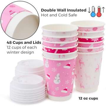 ROYAL BLUEBONNET 48 Pink Christmas Disposable Coffee Cups with Lids – 12oz Double Walled Insulated Disposable Paper Christmas Coffee Cups To Go, 4 Pink Christmas Hot Chocolate Bar Decorations