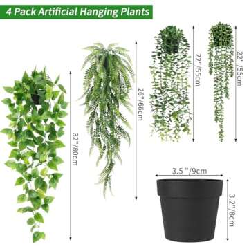 JPSOR Fake Hanging Plants, 4pcs Artificial Potted Greenery Eucalyptus Vine Fern Pothos Ivy in Pot for Home Room Wall Shelf Patio Garden Indoor Outdoor Decor