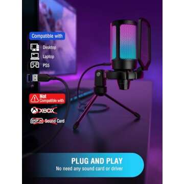 FIFINE Gaming USB Microphone for PC PS5, Condenser Mic with Quick Mute, RGB Indicator, Tripod Stand, Pop Filter, Shock Mount, Gain Control for Streaming Discord Twitch Podcasts Videos- AmpliGame