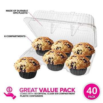 Stock Your Home 6-Compartment Plastic Cupcake Containers Disposable (40 Count) Clear Container with Connected Dome Lid, BPA Free, For Standard Sized Cupcakes