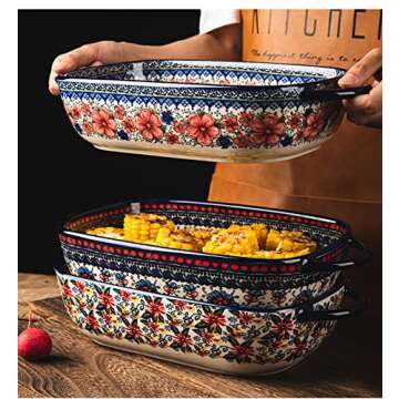 Bicuzat Vintage Style Pottery Bakeware Ceramic Casserole Dish Baking Pan Lasagna Pans Baking Dish with Handles for Oven/Cooking/Kitchen-1 PCS, Large Capacity, 60 OZ