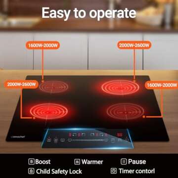 AMZCHEF Electric Cooktop 30 Inch with 4 BOOST Burners Bulid-in Induction Cooktop, 220V-240V/7200W 9 Levels Stove Control by Slide Touch, Child Safety Lock, Pause,Timer and Overheat Protection, No plug