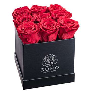 SOHO FLORAL ARTS New Roses Preserved Flowers | Genuine Roses that Lasts for Years | Flowers for Delivery | Large/XL Box (Black Box Red Roses 9ct)