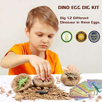 VATOS Dinosaur Eggs Dig Kit 12 Pack,Discover 12 Different Dinos, Easter Eggs Archaeology and Paleontology Toy Dino Egg Excavation Kit STEM Toys for 6,7,8,9 Year Old Boys Girls Kids Gift (DGK-12)