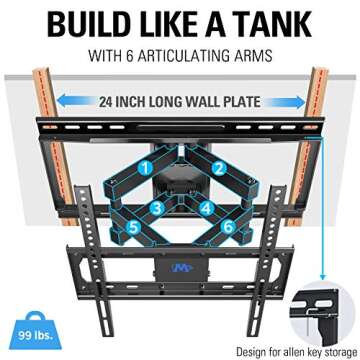 Mounting Dream TV Mount Full Motion TV Wall Mounts for 26-55 inch LED, LCD Flat Screen TV , Wall Mount Bracket with Dual Arms, up to VESA 400 x 400mm 99 lbs . Fits 16" , 18" , 24" Wood Studs MD2380-24