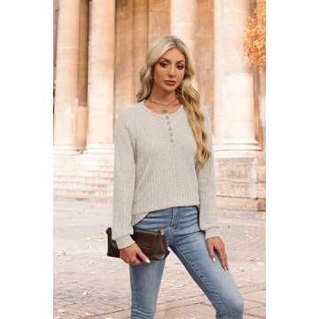 XIEERDUO Tunics or Tops to Wear with Leggings Long Sleeve Shirts for Women Henley Sweater Winter Clothes Beige S