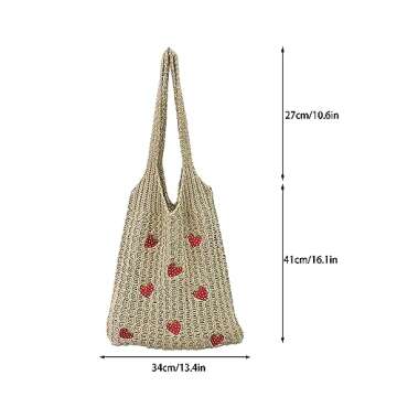 Stizimn Cute Strawberry Pattern Tote Bag Crochet Tote Bag Shoulder Bag Handbags Knitting Bag Aesthetic Handmade Weaving (8Strawberry-Khaki)