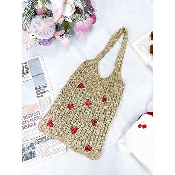 Stizimn Cute Strawberry Pattern Tote Bag Crochet Tote Bag Shoulder Bag Handbags Knitting Bag Aesthetic Handmade Weaving (8Strawberry-Khaki)