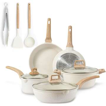CAROTE Pots and Pans Set Nonstick, White Granite Induction Kitchen Cookware Sets, 11 Pcs Non Stick Cooking Set w/Frying Pans & Saucepans(PFOS, PFOA Free)