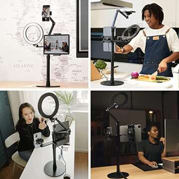 Phone Tablet Desk Live Stand, 3-in-1 Content Creator Kit Selfie Streaming Video Setup Overhead Phone Mount, 8" LED Ring Light Compatible with 3.5-13" Tablet& Phone, Suitable for YouTube/Tiktok