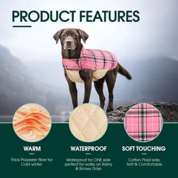 Kuoser Warm Dog Coat, Reversible Dog Jacket Waterproof Dog Winter Coat British Style Plaid Dog Clothes Pet Dog Cold Weather Coats Cozy Snow Jacket Vest for Small Medium Large Dogs Pink S