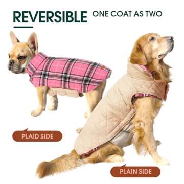 Kuoser Warm Dog Coat, Reversible Dog Jacket Waterproof Dog Winter Coat British Style Plaid Dog Clothes Pet Dog Cold Weather Coats Cozy Snow Jacket Vest for Small Medium Large Dogs Pink S