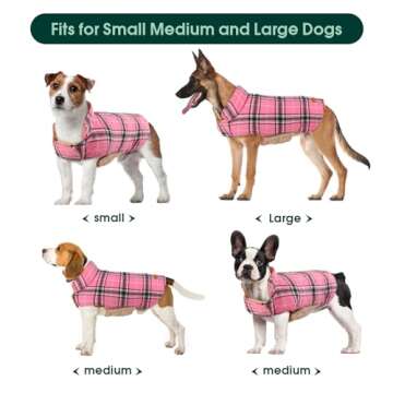 Kuoser Warm Dog Coat, Reversible Dog Jacket Waterproof Dog Winter Coat British Style Plaid Dog Clothes Pet Dog Cold Weather Coats Cozy Snow Jacket Vest for Small Medium Large Dogs Pink S