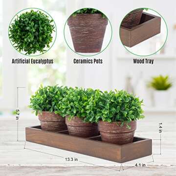 Yongmao 3 Pack Artificial Greenery Eucalyptus Pots Fake Plants Faux Plants Indoor Wood Tray for Table Dining Room Living Room Kitchen Bath Farmhouse Decor