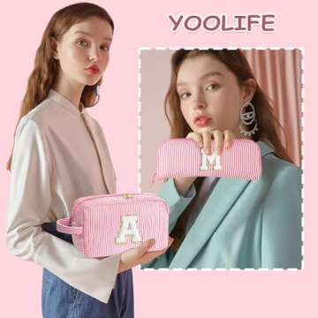 YOOLIFE Birthday Gifts for Girl - Valentines Day Gifts for Kids, Gifts for 5 6 7 8 9 10 11 12 13 14 15 16 Teen Girls Kid, Teen Girl Gifts Trendy Stuff, Teenage Girl Gifts, Initial Makeup Bag M