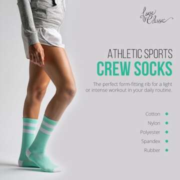 Love Classic, Mint, X-Small-Small, Light Weight Compression Athletic Crew Socks for Women